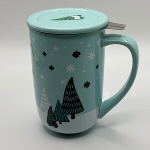 New No tags Davids Tea Green Nordic mug W/Lid and infuser green Gnomes trees